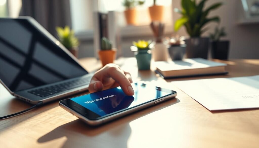 A sleek, modern Android smartphone lying on a wooden desk in the foreground, displaying the "wipe cache partition" option on its screen in a clear, vibrant interface. In the middle, show a hand gently tapping the screen, with perfectly manicured fingers, symbolizing user interaction. In the background, include a softly illuminated office setting with a laptop, books, and potted plants, creating a high-tech, organized workspace. Natural sunlight filters in through a nearby window, casting gentle shadows. The overall mood should evoke a sense of professionalism and technological expertise, highlighting advanced mobile techniques in a clean, tech-savvy environment. Use a shallow depth of field to emphasize the smartphone, ensuring a crisp focus on the screen while softly blurring the background elements.
