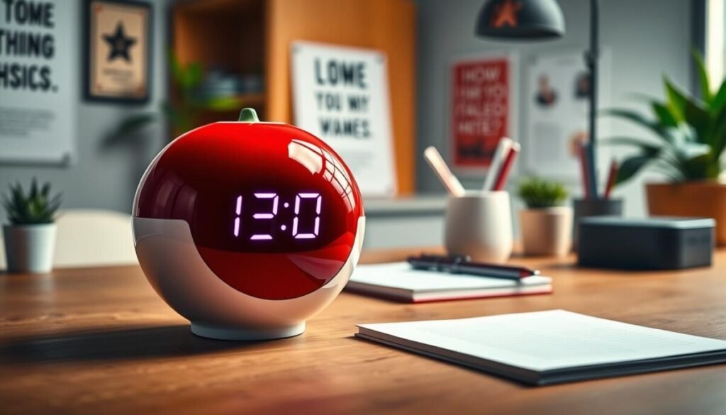 A sleek, modern Pomodoro timer prominently featured in the foreground, designed with a glossy red finish and white accents, showcasing its classic tomato shape. The timer displays an illuminated digital countdown in a minimalist style, adding to the contemporary aesthetic. In the middle ground, a stylish wooden desk holds neatly arranged productivity tools like a notepad and pen, creating a workspace atmosphere. Soft ambient lighting casts gentle shadows, enhancing the focus on the timer, while a blurred background reveals hints of an organized office setting with plants and motivational posters. The mood is energetic yet calm, symbolizing productivity and focus, ideal for an article on productivity features and organizational tools. A sleek, modern Pomodoro timer prominently featured in the foreground, designed with a glossy red finish and white accents, showcasing its classic tomato shape. The timer displays an illuminated digital countdown in a minimalist style, adding to the contemporary aesthetic. In the middle ground, a stylish wooden desk holds neatly arranged productivity tools like a notepad and pen, creating a workspace atmosphere. Soft ambient lighting casts gentle shadows, enhancing the focus on the timer, while a blurred background reveals hints of an organized office setting with plants and motivational posters. The mood is energetic yet calm, symbolizing productivity and focus, ideal for an article on productivity features and organizational tools.