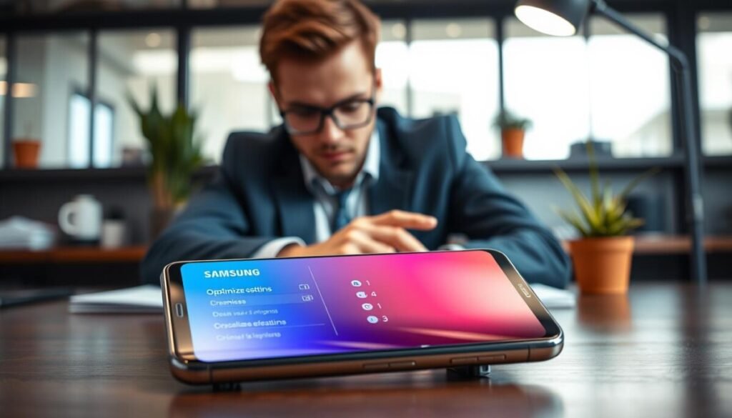A sleek, modern Samsung smartphone sits prominently in the foreground, its screen displaying vibrant optimization settings. In the middle ground, a professional-looking individual, dressed in smart-casual attire, is engaged with the device, tapping on the screen thoughtfully; soft reflections of the phone's interface shimmer on their focused face. The background features a tech-inspired workspace, with subtle elements like a clean desk, potted plants, and soft ambient lighting creating a productive, serene atmosphere. The overall mood is one of efficiency and calm, highlighting the theme of peak performance. The scene is captured with a slightly elevated angle, emphasizing the phone while maintaining a professional, relatable feel.