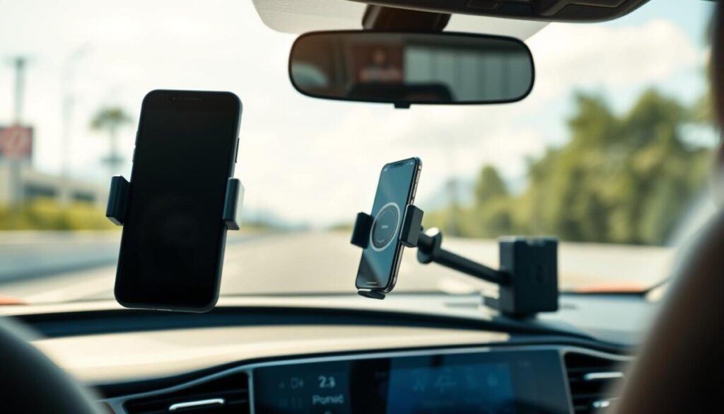 A sleek modern car dashboard with a clear view of the windshield, featuring an innovative phone mount securely holding a smartphone. The foreground showcases the phone mount in sharp focus, displaying its unique design. The middle ground reveals the dashboard's stylish features, like a glossy finish, digital display, and ambient lighting that softly illuminates the scene. The background captures a blurred view of the outside world through the windshield, suggesting a sunny day with clear skies. The lighting is bright, highlighting the functional elements, while evoking a sense of safety and convenience. The angle is slightly tilted from the driver's perspective, creating an immersive atmosphere. The mood conveys efficiency and modernity, suitable for car enthusiasts.