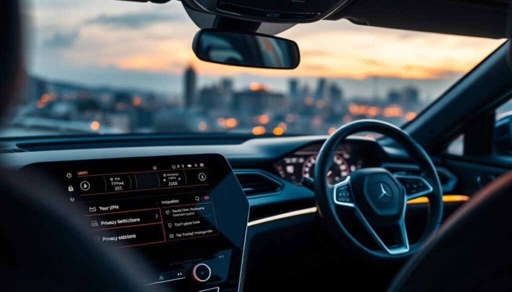 A sleek, modern car interior featuring a high-tech dashboard displaying digital privacy settings. In the foreground, a user-friendly touchscreen interface shows options for disabling VPN and privacy restrictions, with glowing icons and interactive elements. In the middle ground, the car's steering wheel and driver’s seat are softly illuminated by ambient LED lighting, enhancing the futuristic feel. The background features a panoramic window revealing a blurred cityscape at dusk, with warm, inviting colors reminiscent of twilight. The overall atmosphere conveys a sense of security and control, emphasizing the importance of managing privacy settings while driving. The scene is viewed from a slightly angled perspective, capturing the intricate details of the dashboard and its sleek design, illuminated with soft, warm lighting to evoke a professional yet inviting mood. A sleek, modern car interior featuring a high-tech dashboard displaying digital privacy settings. In the foreground, a user-friendly touchscreen interface shows options for disabling VPN and privacy restrictions, with glowing icons and interactive elements. In the middle ground, the car's steering wheel and driver’s seat are softly illuminated by ambient LED lighting, enhancing the futuristic feel. The background features a panoramic window revealing a blurred cityscape at dusk, with warm, inviting colors reminiscent of twilight. The overall atmosphere conveys a sense of security and control, emphasizing the importance of managing privacy settings while driving. The scene is viewed from a slightly angled perspective, capturing the intricate details of the dashboard and its sleek design, illuminated with soft, warm lighting to evoke a professional yet inviting mood.