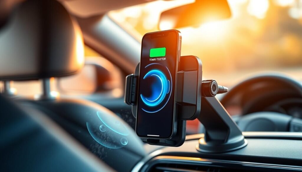 A sleek, modern car mount holds an iPhone displaying a cooling system in action, complete with visible fans and vents actively circulating air around the device. In the foreground, intricate details highlight the cooling technology, such as glowing LED indicators, and a slight mist indicating temperature regulation. The middle ground features the iPhone positioned against the vivid backdrop of a sunny car interior, with reflections and warm lighting enhancing the warmth of the day. The background includes blurred elements like the driver’s seat and steering wheel, adding depth to the scene. The overall atmosphere should convey a sense of innovation and effectiveness in technology, emphasizing the benefits of active cooling with a professional aesthetic. A sleek, modern car mount holds an iPhone displaying a cooling system in action, complete with visible fans and vents actively circulating air around the device. In the foreground, intricate details highlight the cooling technology, such as glowing LED indicators, and a slight mist indicating temperature regulation. The middle ground features the iPhone positioned against the vivid backdrop of a sunny car interior, with reflections and warm lighting enhancing the warmth of the day. The background includes blurred elements like the driver’s seat and steering wheel, adding depth to the scene. The overall atmosphere should convey a sense of innovation and effectiveness in technology, emphasizing the benefits of active cooling with a professional aesthetic.