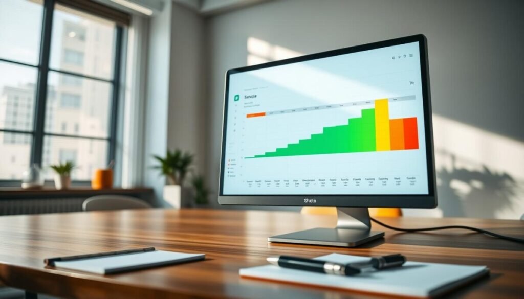 A sleek, modern computer screen displaying a Google Sheets interface filled with a vibrant color scale visualization. In the foreground, the screen glows with various shades of green, yellow, and red, illustrating a gradient that emphasizes data trends effectively. The middle ground features a professional workspace, with polished wooden surfaces, a notepad, and a stylish pen nearby. In the background, soft ambient lighting pours in from a large window, casting gentle shadows that create a calm work environment. The overall atmosphere is focused and productive, evoking a sense of clarity in data presentation. The angle is slightly tilted to capture both the screen's detail and the inviting workspace, enhancing the image's depth and appeal. A sleek, modern computer screen displaying a Google Sheets interface filled with a vibrant color scale visualization. In the foreground, the screen glows with various shades of green, yellow, and red, illustrating a gradient that emphasizes data trends effectively. The middle ground features a professional workspace, with polished wooden surfaces, a notepad, and a stylish pen nearby. In the background, soft ambient lighting pours in from a large window, casting gentle shadows that create a calm work environment. The overall atmosphere is focused and productive, evoking a sense of clarity in data presentation. The angle is slightly tilted to capture both the screen's detail and the inviting workspace, enhancing the image's depth and appeal.