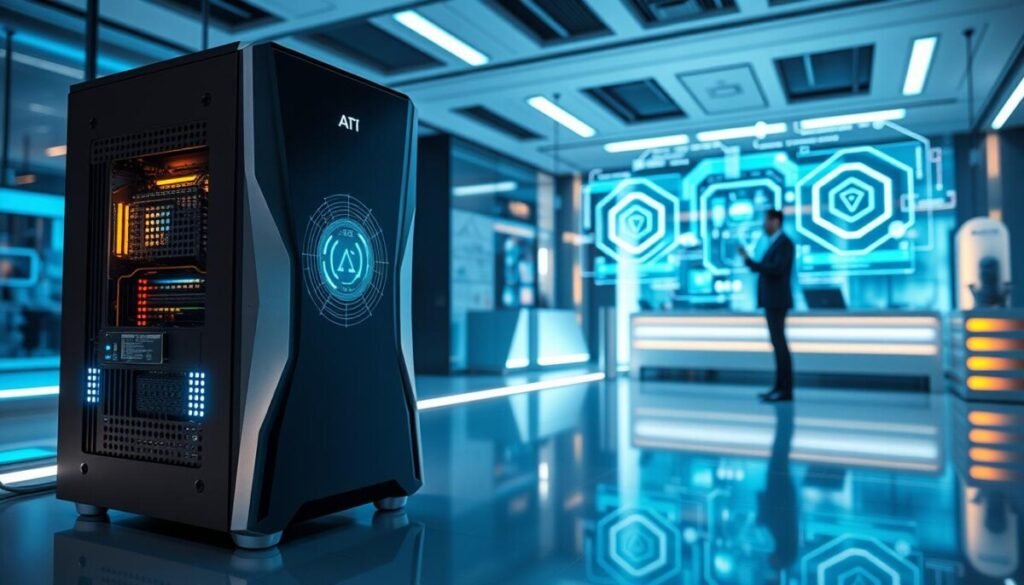 A sleek, modern computer system designed to symbolize advanced AI technology, prominently displayed in the foreground. The system should feature smooth metallic surfaces, intricate circuit patterns, and glowing LED lights to suggest high performance. In the middle ground, a futuristic workspace with holographic interfaces and digital data streams flowing in the air, showcasing complex algorithms and analytics. The background should be a serene high-tech lab with soft blue and white ambient lighting, conveying a sense of innovation and exploration. A professional individual, dressed in business attire, can be seen interacting with the holograms, emphasizing the human aspect of technology. The overall mood is one of curiosity and excitement about cutting-edge advancements in AI, with a focus on clarity and sophistication.