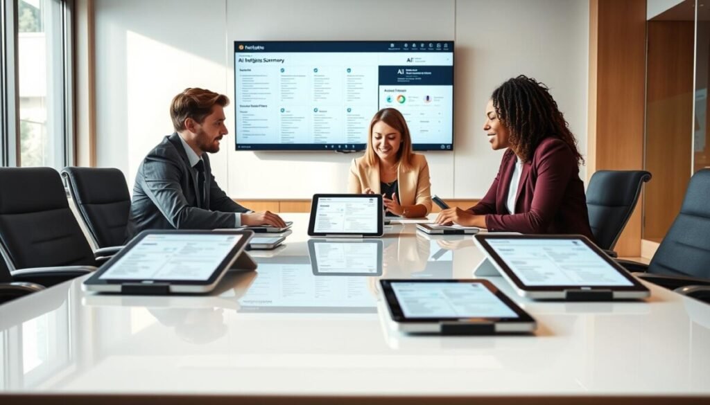 A sleek, modern conference room with a large, glossy table in the foreground, scattered with digital tablets displaying meeting summaries. In the middle, a diverse group of three professionals in business attire are engaged in discussion, with one reviewing a tablet displaying AI analysis on meeting productivity. The background features a wall-mounted screen showing a collaborative digital workspace with summaries and AI insights visible. The lighting is bright and inviting, emphasizing a productive atmosphere, with sunlight filtering through large windows. The scene conveys a sense of innovation and teamwork, highlighting the integration of AI tools in business meetings. The perspective is slightly elevated, capturing the interaction and technology harmoniously. A sleek, modern conference room with a large, glossy table in the foreground, scattered with digital tablets displaying meeting summaries. In the middle, a diverse group of three professionals in business attire are engaged in discussion, with one reviewing a tablet displaying AI analysis on meeting productivity. The background features a wall-mounted screen showing a collaborative digital workspace with summaries and AI insights visible. The lighting is bright and inviting, emphasizing a productive atmosphere, with sunlight filtering through large windows. The scene conveys a sense of innovation and teamwork, highlighting the integration of AI tools in business meetings. The perspective is slightly elevated, capturing the interaction and technology harmoniously.