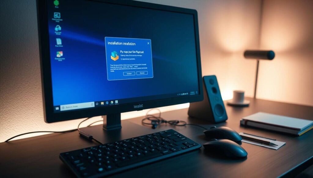 A sleek, modern desktop computer setup featuring a Windows operating system interface prominently displayed on the monitor, showcasing the installation process for software. In the foreground, the monitor highlights an installation window with a progress bar and vibrant icons of the Raycast application. The middle layer displays a well-organized workspace with a stylish wireless keyboard and mouse, and notes on the side for easy reference. The background shows the soft glow of ambient lighting illuminating the workspace, creating a professional and focused atmosphere. Capture the scene using a slightly overhead angle, with a depth of field that softly blurs the background, emphasizing the installation process as the central focus, evoking a sense of productivity and efficiency. A sleek, modern desktop computer setup featuring a Windows operating system interface prominently displayed on the monitor, showcasing the installation process for software. In the foreground, the monitor highlights an installation window with a progress bar and vibrant icons of the Raycast application. The middle layer displays a well-organized workspace with a stylish wireless keyboard and mouse, and notes on the side for easy reference. The background shows the soft glow of ambient lighting illuminating the workspace, creating a professional and focused atmosphere. Capture the scene using a slightly overhead angle, with a depth of field that softly blurs the background, emphasizing the installation process as the central focus, evoking a sense of productivity and efficiency.