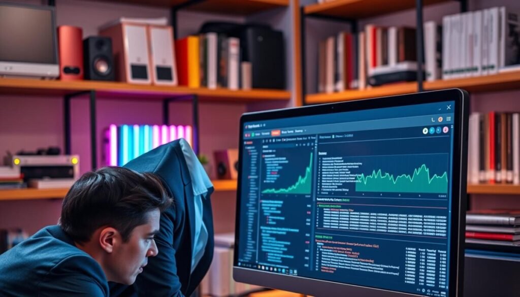 A sleek, modern digital workspace featuring a computer monitor displaying a detailed browser source window filled with live streaming statistics and alerts. In the foreground, a person in a professional business outfit is focused intently on troubleshooting, leaning slightly towards the screen with a look of determination. The middle layer showcases a high-tech setup with colorful LED lights flickering softly, creating an engaging atmosphere. In the background, shelves lined with tech books and equipment suggest an advanced technical environment. The lighting is warm and inviting, with a soft focus on the screen that highlights the intricate graphs and data while ensuring a clear, sharp look at the browser source. The overall mood is one of innovation and problem-solving. A sleek, modern digital workspace featuring a computer monitor displaying a detailed browser source window filled with live streaming statistics and alerts. In the foreground, a person in a professional business outfit is focused intently on troubleshooting, leaning slightly towards the screen with a look of determination. The middle layer showcases a high-tech setup with colorful LED lights flickering softly, creating an engaging atmosphere. In the background, shelves lined with tech books and equipment suggest an advanced technical environment. The lighting is warm and inviting, with a soft focus on the screen that highlights the intricate graphs and data while ensuring a clear, sharp look at the browser source. The overall mood is one of innovation and problem-solving.