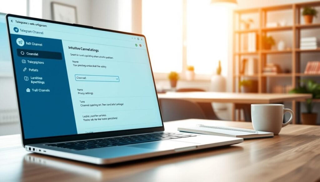 A sleek, modern digital workspace showcasing a "Telegram Channel" configuration interface on a laptop screen, set against a minimalist office backdrop. In the foreground, a close-up view of the laptop screen displays intuitive channel settings, with various options clearly visible, such as channel name, description, and privacy settings. The middle ground features a stylish desk with a notepad, a smartphone, and a coffee cup, emphasizing the creative process. The background is softly blurred, revealing subtle shelves with books and plants, creating a welcoming atmosphere. Warm, natural lighting pours in from a nearby window, casting gentle shadows to enhance the mood of productivity and focus. The angle is slightly elevated, capturing the essence of a dynamic and engaging workspace.