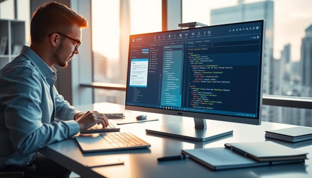 A sleek, modern digital workspace showcasing the "ChatGPT Canvas Editor." In the foreground, a transparent monitor displays an interactive interface with vibrant colors and intuitive icons, illustrating document and code editing features. To the left, a professional in business attire is attentively engaged, their fingers poised over a keyboard, illuminated by soft, warm lighting. The middle layer features a neatly organized desk with a few tech gadgets and notebooks scattered about, creating a productive atmosphere. In the background, a large window reveals a bustling cityscape, bathed in natural light, suggesting an innovative and inspiring environment. The scene evokes a mood of creativity and focus, ideal for getting started with AI-assisted editing. A sleek, modern digital workspace showcasing the "ChatGPT Canvas Editor." In the foreground, a transparent monitor displays an interactive interface with vibrant colors and intuitive icons, illustrating document and code editing features. To the left, a professional in business attire is attentively engaged, their fingers poised over a keyboard, illuminated by soft, warm lighting. The middle layer features a neatly organized desk with a few tech gadgets and notebooks scattered about, creating a productive atmosphere. In the background, a large window reveals a bustling cityscape, bathed in natural light, suggesting an innovative and inspiring environment. The scene evokes a mood of creativity and focus, ideal for getting started with AI-assisted editing.