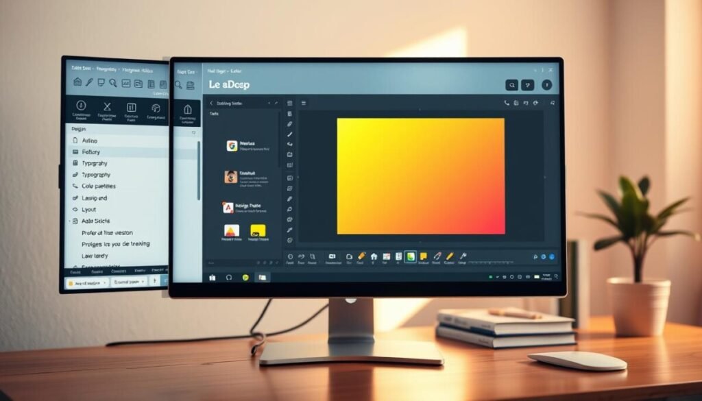 A sleek, modern editor interface displayed on a high-resolution computer screen, featuring a clean layout with various design tools and options neatly organized in sidebars. The foreground includes an animated cursor over a vibrant website mockup that showcases intuitive drag-and-drop functionality. In the middle layer, subtle details highlight design elements like typography settings, color palettes, and layout grids, all set against a softly illuminated workspace with a warm ambiance. The background shows a blurred desk with professional design books and a stylish plant. The lighting is bright yet soft, creating an inviting atmosphere, ideal for a designer focused on building their website. The overall mood conveys creativity and efficiency. A sleek, modern editor interface displayed on a high-resolution computer screen, featuring a clean layout with various design tools and options neatly organized in sidebars. The foreground includes an animated cursor over a vibrant website mockup that showcases intuitive drag-and-drop functionality. In the middle layer, subtle details highlight design elements like typography settings, color palettes, and layout grids, all set against a softly illuminated workspace with a warm ambiance. The background shows a blurred desk with professional design books and a stylish plant. The lighting is bright yet soft, creating an inviting atmosphere, ideal for a designer focused on building their website. The overall mood conveys creativity and efficiency.