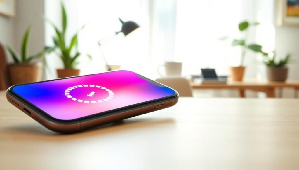 A sleek, modern iPhone lies prominently in the foreground, facing slightly upward to showcase its screen. The screen displays a vibrant color palette with an app cache symbol, represented by a circular loading icon surrounded by small digital particles, symbolizing cleared storage. In the middle ground, a cozy workspace is depicted with an uncluttered desk featuring a computer and a cup of coffee to create a productive atmosphere. Soft, natural light streams in from a nearby window, casting gentle shadows, while a blurred background of houseplants adds a touch of tranquility. The overall mood is focused and serene, suggesting a sense of clarity and organization in managing digital space.