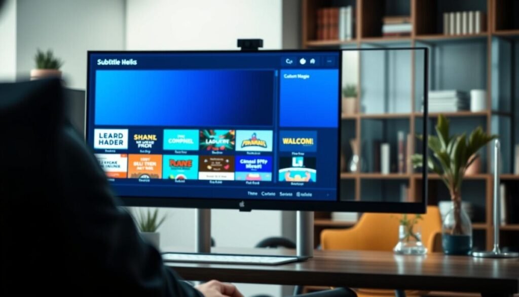 A sleek, modern interface of a subtitle generator displayed prominently in the foreground, featuring a vibrant assortment of customizable subtitle styles represented as colorful templates. In the middle, a user in professional business attire interacts with the software on a high-resolution computer monitor, with focused expression, showcasing the customization process. The background is softly blurred, showing a contemporary office setting with elegant decor—potted plants and bookshelves—to create an inviting atmosphere. Soft, diffused lighting illuminates the scene, giving it a productive and creative mood. The camera angle is slightly elevated, drawing attention to the screen while maintaining a sense of depth in the composition. The overall tone is professional and engaging, highlighting the importance of personalized branding in subtitle design. A sleek, modern interface of a subtitle generator displayed prominently in the foreground, featuring a vibrant assortment of customizable subtitle styles represented as colorful templates. In the middle, a user in professional business attire interacts with the software on a high-resolution computer monitor, with focused expression, showcasing the customization process. The background is softly blurred, showing a contemporary office setting with elegant decor—potted plants and bookshelves—to create an inviting atmosphere. Soft, diffused lighting illuminates the scene, giving it a productive and creative mood. The camera angle is slightly elevated, drawing attention to the screen while maintaining a sense of depth in the composition. The overall tone is professional and engaging, highlighting the importance of personalized branding in subtitle design.