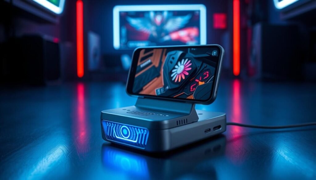 A sleek, modern magnetic phone cooler designed for gaming devices, prominently displayed in the foreground. The device features an aerodynamic design with an illuminated fan and intricate cooling vents, showcasing its advanced technology and craftsmanship. In the middle ground, a high-end gaming phone is integrated with the cooler, emphasizing the seamless connection. The background illustrates a dimly lit, high-tech gaming environment, with neon lights casting a cool blue hue and shadows enhancing the gadget's contours. A focused angle captures the cooler's details and the phone's vibrant gaming interface. The atmosphere is dynamic and futuristic, reflecting the innovative spirit of Nubia REDMAGIC's cooling solutions. The scene is crisp and detailed, conveying a sense of cutting-edge technology without any text or markings.