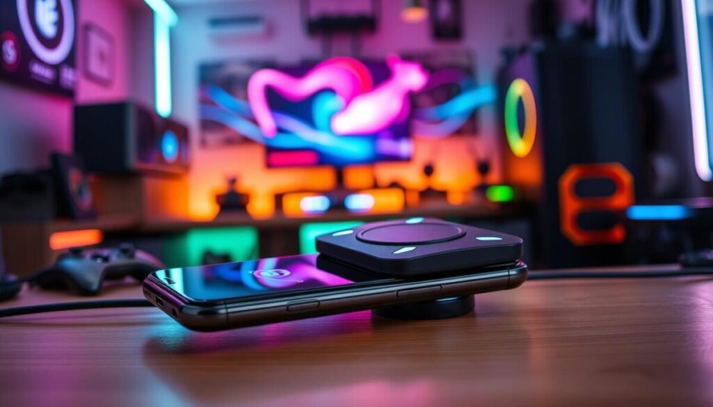 A sleek, modern magnetic phone cooler designed to enhance the performance of a gaming device, prominently displayed in the foreground. The cooler, featuring a matte black finish with illuminated accents, is shown attached to a high-end smartphone, creating a dynamic visual contrast. In the middle ground, a gaming setup with a vibrant RGB light display emphasizes a tech-savvy atmosphere, with a gaming console and accessories subtly incorporated. The background consists of a visually appealing gaming room with LED strip lights and ambient glow. The scene is lit with soft, diffused light to evoke a cool and focused mood, shot from a slightly angled perspective to highlight the cooler's features, creating an immersive gaming experience.