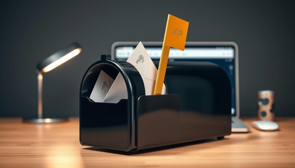 A sleek, modern mailbox designed for VIP senders is the focal point of the image. In the foreground, the mailbox is a shiny metallic black, featuring a prominent gold flag signaling high-priority messages. Inside, envelopes are neatly arranged, with a few peeking out, showcasing luxurious paper with elegant designs. The middle ground shows a soft-focus desktop scene, complete with a high-end laptop displaying the Apple Mail interface, subtly indicating organization through neatly categorized folders. In the background, soft diffused lighting bathes the entire scene, creating an atmosphere of sophistication and efficiency. The camera angle is slightly elevated to capture the full display of the mailbox and the workspace around it, emphasizing a professional, high-tech vibe. The overall mood exudes exclusivity and attention to detail, promoting an efficient email management experience.