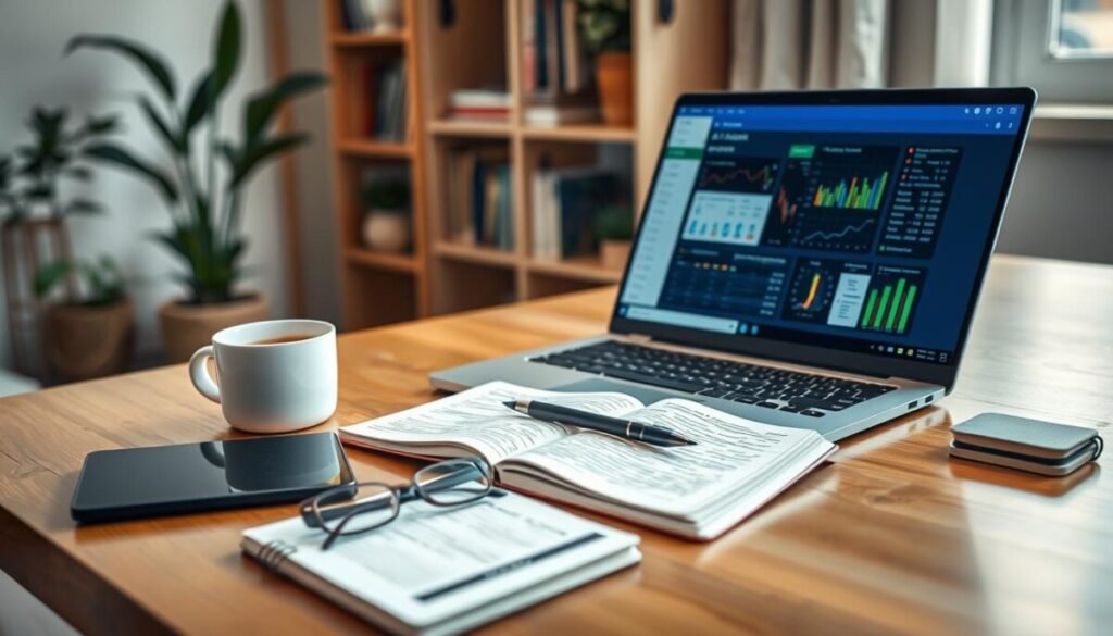 A sleek, modern notebook setup on a polished wooden desk, showcasing an open laptop displaying a colorful interface of an AI research tool with graphs and documents visible. Beside the laptop, a stylish notebook with handwritten notes lies open, alongside a high-quality pen. The foreground features a pair of reading glasses resting on a tablet, while a fresh cup of coffee adds a touch of warmth. In the background, a softly blurred shelf filled with books and plants creates a cozy atmosphere. Soft, natural light filters through a nearby window, illuminating the workspace and casting gentle shadows. The overall mood is inspiring and focused, perfect for a productive learning environment. A sleek, modern notebook setup on a polished wooden desk, showcasing an open laptop displaying a colorful interface of an AI research tool with graphs and documents visible. Beside the laptop, a stylish notebook with handwritten notes lies open, alongside a high-quality pen. The foreground features a pair of reading glasses resting on a tablet, while a fresh cup of coffee adds a touch of warmth. In the background, a softly blurred shelf filled with books and plants creates a cozy atmosphere. Soft, natural light filters through a nearby window, illuminating the workspace and casting gentle shadows. The overall mood is inspiring and focused, perfect for a productive learning environment.