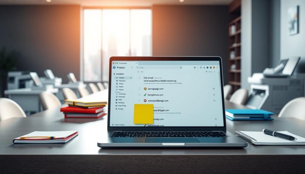 A sleek modern office desk in the foreground featuring a laptop screen displaying an organized email inbox, with highlighted subaddressing aliases such as "example+news@gmail.com". Surrounding the laptop are colorful folders and sticky notes, symbolizing personal organization and efficiency. In the middle, a large window reveals a bright city skyline, with natural sunlight pouring in, creating a warm and inviting atmosphere. On the desk, a smart pen and a planner are arranged neatly, enhancing the professional feel. In the background, there are blurred outlines of other office equipment, like printers and bookshelves, to suggest a dynamic workspace. The composition should convey a mood of productivity and clarity, emphasizing the theme of managing digital communication smoothly and effectively. A sleek modern office desk in the foreground featuring a laptop screen displaying an organized email inbox, with highlighted subaddressing aliases such as "example+news@gmail.com". Surrounding the laptop are colorful folders and sticky notes, symbolizing personal organization and efficiency. In the middle, a large window reveals a bright city skyline, with natural sunlight pouring in, creating a warm and inviting atmosphere. On the desk, a smart pen and a planner are arranged neatly, enhancing the professional feel. In the background, there are blurred outlines of other office equipment, like printers and bookshelves, to suggest a dynamic workspace. The composition should convey a mood of productivity and clarity, emphasizing the theme of managing digital communication smoothly and effectively.