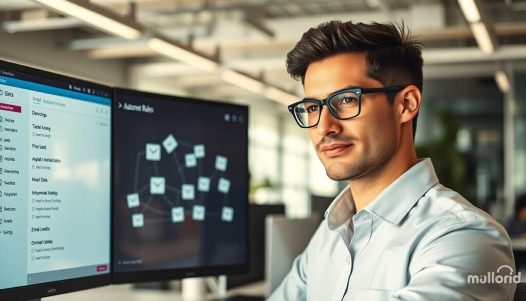 A sleek, modern office environment featuring a computer screen displaying a colorful email interface, illustrating email automation and rules. In the foreground, a confident business professional wearing smart casual attire reviews automation settings, with focused expression. The middle layer shows various icons and visual representations of email redirection and rules flowing seamlessly from the computer screen, symbolizing efficiency. In the background, soft-focus elements of an open office with natural light streaming through large windows create a productive and bright atmosphere. The overall mood is one of professionalism and tech-savvy mastery, captured from a slight angle for depth, with warm, inviting lighting to enhance approachability.
