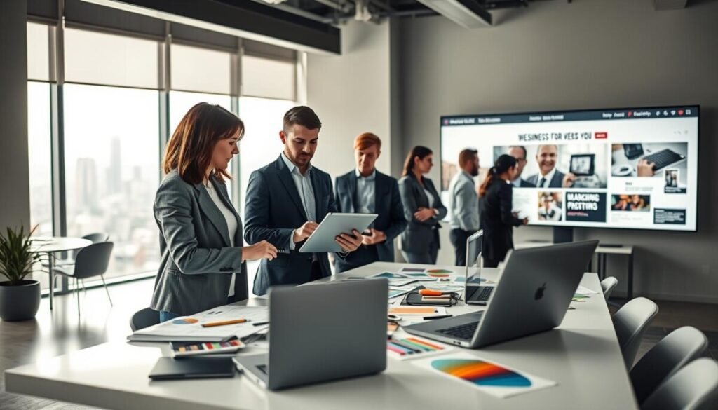 A sleek, modern office environment featuring a diverse team of professional designers collaborating on a website project. In the foreground, a woman with medium-length brown hair, wearing smart casual attire, is discussing design concepts with a man in a tailored suit, both of them analyzing a digital tablet. The middle section showcases a large table cluttered with design mockups, color palettes, and high-end laptops, while a large monitor in the background displays a website layout in-progress. Soft, diffused lighting illuminates the scene, creating an inviting atmosphere. A large window lets in natural light, offering a view of a bustling city skyline. The overall mood is focused and dynamic, embodying professionalism and creativity in design services for web development.