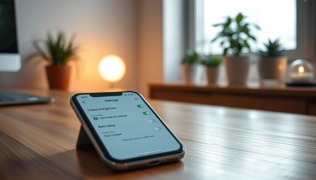 A sleek, modern office environment featuring an iPhone on a polished wooden desk with an open settings menu displayed on the screen. The foreground includes a focused close-up of a finger gently tapping on the "Display & Brightness" and "Battery" settings, showcasing options for reducing heat. In the middle ground, a faint glow emanates from a nearby window, creating a warm, natural light that gives a sense of calm and focus. The background is softly blurred, revealing potted plants and a minimalist decoration to enhance the professional atmosphere. The overall mood is serene and productive, with subtle hints of technology and comfort. Ensure the image is clean and professional without any text or distractions. A sleek, modern office environment featuring an iPhone on a polished wooden desk with an open settings menu displayed on the screen. The foreground includes a focused close-up of a finger gently tapping on the "Display & Brightness" and "Battery" settings, showcasing options for reducing heat. In the middle ground, a faint glow emanates from a nearby window, creating a warm, natural light that gives a sense of calm and focus. The background is softly blurred, revealing potted plants and a minimalist decoration to enhance the professional atmosphere. The overall mood is serene and productive, with subtle hints of technology and comfort. Ensure the image is clean and professional without any text or distractions.