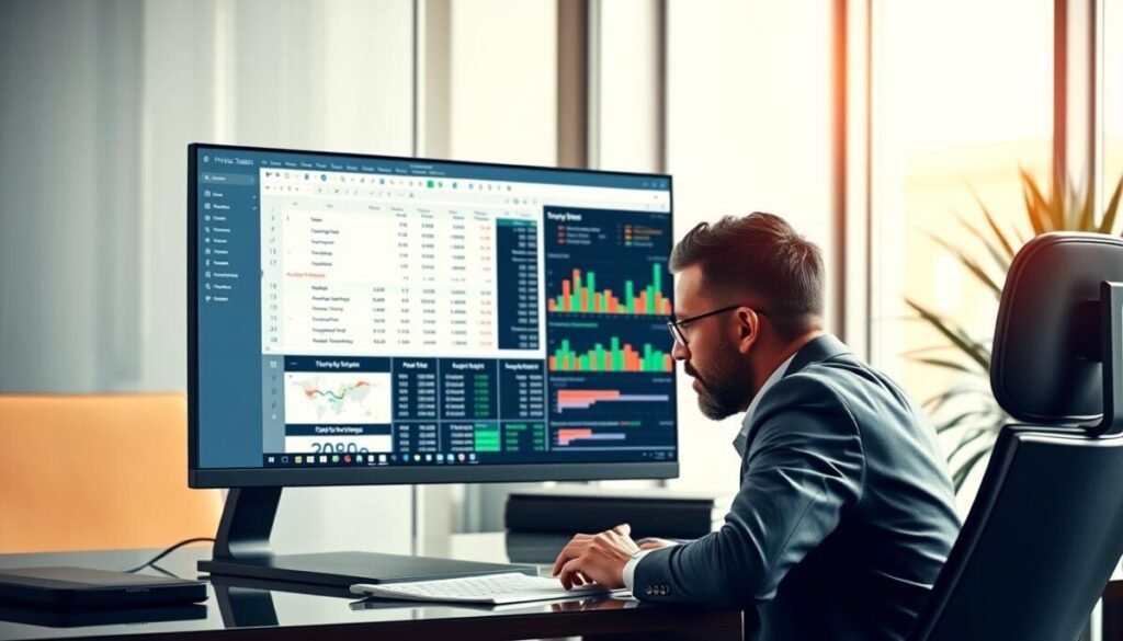 A sleek, modern office environment serves as the backdrop, featuring a large computer screen displaying a detailed pivot table editor interface in Google Sheets. In the foreground, a focused professional in business attire, seated at a stylish desk, intently examines the data on the screen, with expressions of concentration and insight. The pivot table reflects dynamically updated data, showcasing various metrics and charts that suggest recent changes in information. Soft, diffused lighting from a nearby window casts a warm glow, enhancing the atmosphere of productivity and collaboration. The image conveys a sense of modernity and efficiency, inviting viewers to contemplate the seamless integration of technology and data analysis in a professional setting. A sleek, modern office environment serves as the backdrop, featuring a large computer screen displaying a detailed pivot table editor interface in Google Sheets. In the foreground, a focused professional in business attire, seated at a stylish desk, intently examines the data on the screen, with expressions of concentration and insight. The pivot table reflects dynamically updated data, showcasing various metrics and charts that suggest recent changes in information. Soft, diffused lighting from a nearby window casts a warm glow, enhancing the atmosphere of productivity and collaboration. The image conveys a sense of modernity and efficiency, inviting viewers to contemplate the seamless integration of technology and data analysis in a professional setting.