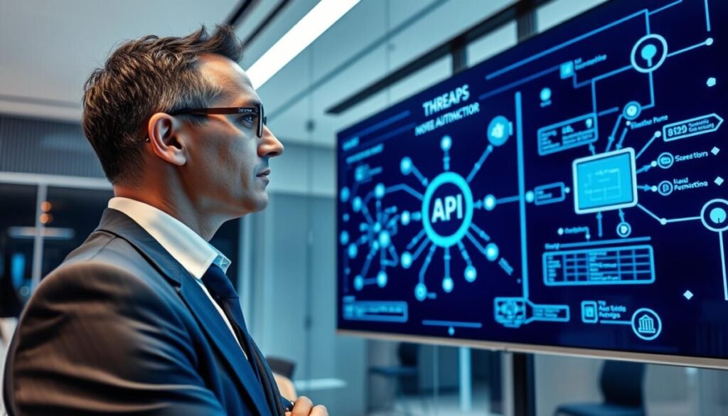 A sleek, modern office environment serves as the backdrop, showcasing a large digital display with intricate visualizations of Threads API architecture, featuring interconnected nodes and data flow diagrams. In the foreground, a focused professional, dressed in smart business attire, observes the monitor with an analytical expression, embodying the essence of tech innovation. Surrounding them are floating holographic elements that represent automation processes and API connections. The lighting is bright and futuristic, akin to a tech lab, with a subtle blue tint enhancing the atmosphere of sophistication. The camera angle is slightly elevated, capturing both the professional and the dynamic visuals on the screen, creating a sense of depth and engagement with the Threads API concept. A sleek, modern office environment serves as the backdrop, showcasing a large digital display with intricate visualizations of Threads API architecture, featuring interconnected nodes and data flow diagrams. In the foreground, a focused professional, dressed in smart business attire, observes the monitor with an analytical expression, embodying the essence of tech innovation. Surrounding them are floating holographic elements that represent automation processes and API connections. The lighting is bright and futuristic, akin to a tech lab, with a subtle blue tint enhancing the atmosphere of sophistication. The camera angle is slightly elevated, capturing both the professional and the dynamic visuals on the screen, creating a sense of depth and engagement with the Threads API concept.