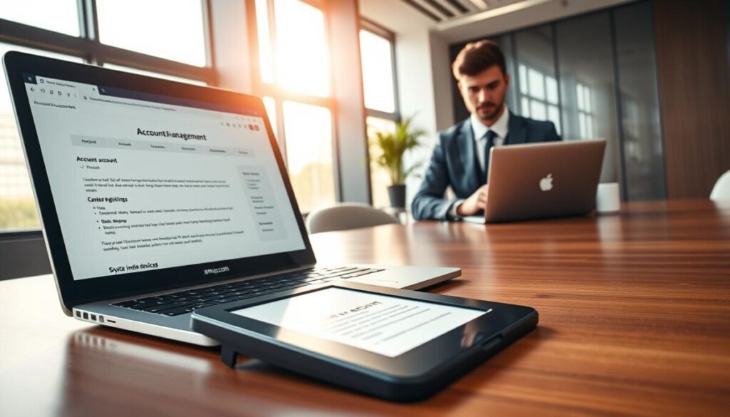A sleek, modern office environment serves as the backdrop. In the foreground, an open laptop displays the Amazon account management page, with various settings highlighted. Beside it, a Kindle e-reader lies on a polished wooden desk, its screen showing a notification about device registration. In the middle ground, a professional person in smart casual attire, appearing focused and engaged, is using the laptop to manage their account. Sunlight filters through a nearby window, casting a warm glow across the scene, enhancing the sense of productivity. The overall mood is one of clarity and organization, inviting the viewer to understand the process of managing devices effectively. The perspective is slightly angled, inviting the viewer into the workspace without any distractions or overlays. A sleek, modern office environment serves as the backdrop. In the foreground, an open laptop displays the Amazon account management page, with various settings highlighted. Beside it, a Kindle e-reader lies on a polished wooden desk, its screen showing a notification about device registration. In the middle ground, a professional person in smart casual attire, appearing focused and engaged, is using the laptop to manage their account. Sunlight filters through a nearby window, casting a warm glow across the scene, enhancing the sense of productivity. The overall mood is one of clarity and organization, inviting the viewer to understand the process of managing devices effectively. The perspective is slightly angled, inviting the viewer into the workspace without any distractions or overlays.