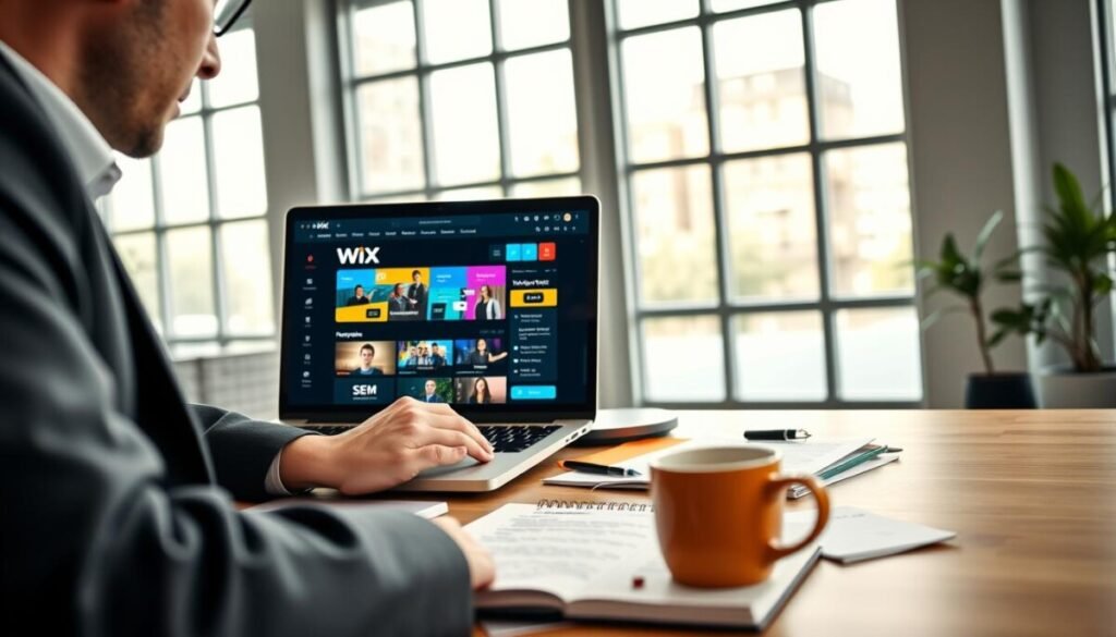 A sleek, modern office environment showcasing a professional evaluating a Wix website on a laptop. In the foreground, a focused individual, dressed in smart casual attire, intently observes the Wix dashboard displayed on the screen, highlighting its colorful drag-and-drop features. In the middle ground, a cluttered desk with notes and a notepad filled with SEO strategies, alongside a coffee cup, conveys a sense of active analysis. The background features a bright, well-lit office space with large windows, allowing natural light to pour in, enhancing the mood of productivity and concentration. The angle is slightly elevated, capturing both the person and the laptop screen in detail, reflecting a deep dive into assessing website functionality for migration. A sleek, modern office environment showcasing a professional evaluating a Wix website on a laptop. In the foreground, a focused individual, dressed in smart casual attire, intently observes the Wix dashboard displayed on the screen, highlighting its colorful drag-and-drop features. In the middle ground, a cluttered desk with notes and a notepad filled with SEO strategies, alongside a coffee cup, conveys a sense of active analysis. The background features a bright, well-lit office space with large windows, allowing natural light to pour in, enhancing the mood of productivity and concentration. The angle is slightly elevated, capturing both the person and the laptop screen in detail, reflecting a deep dive into assessing website functionality for migration.