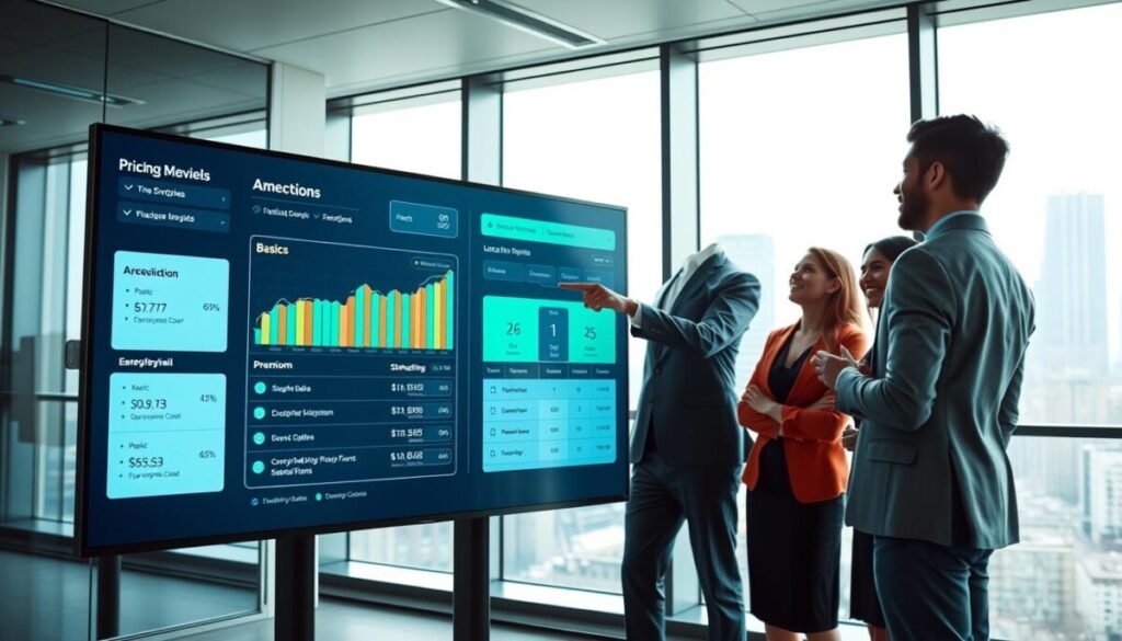 A sleek, modern office setting representing various pricing models for subscription services. In the foreground, a large, interactive digital display shows a visually engaging analytics dashboard with graphs and charts comparing different pricing tiers—like Basic, Standard, and Premium. The middle ground features a diverse team of three professionals in business attire, engaged in a thoughtful discussion while pointing to the display. The background consists of large windows with soft natural light streaming in, showcasing a city skyline. The atmosphere is focused and collaborative, conveying innovation and analytical thinking. Use a slightly elevated perspective to emphasize the interaction and details of the digital display, creating a sense of depth. Soft, diffused lighting enhances the professionalism of the scene. A sleek, modern office setting representing various pricing models for subscription services. In the foreground, a large, interactive digital display shows a visually engaging analytics dashboard with graphs and charts comparing different pricing tiers—like Basic, Standard, and Premium. The middle ground features a diverse team of three professionals in business attire, engaged in a thoughtful discussion while pointing to the display. The background consists of large windows with soft natural light streaming in, showcasing a city skyline. The atmosphere is focused and collaborative, conveying innovation and analytical thinking. Use a slightly elevated perspective to emphasize the interaction and details of the digital display, creating a sense of depth. Soft, diffused lighting enhances the professionalism of the scene.
