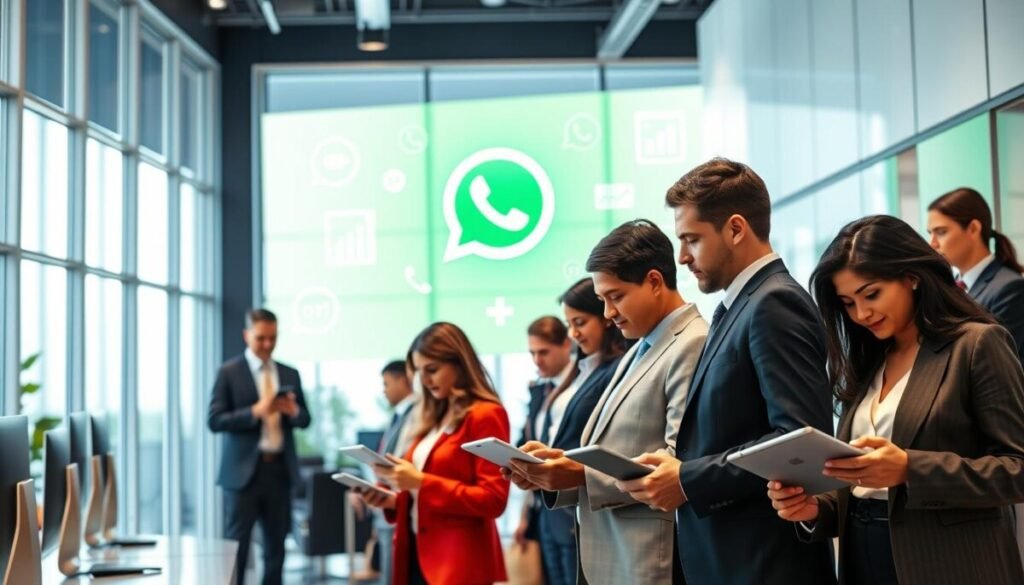 A sleek, modern office setting showcasing the WhatsApp Business API in action. In the foreground, a diverse group of professionals in smart business attire are engaging with their devices, analyzing data dashboards and graphs displayed on screens. In the middle, a large digital display illustrates the seamless integration of the WhatsApp API with various communication tools, symbols of outreach and connectivity, like phones and chat icons, animated to represent the flow of messages. The background features large windows letting in bright, natural light, creating an energetic and collaborative atmosphere. The overall mood is focused and innovative, emphasizing the efficiency and potential of using the Business API for scaling outreach efforts. High-resolution with a clear focus, captured from a slightly elevated angle to encompass the entire scene. A sleek, modern office setting showcasing the WhatsApp Business API in action. In the foreground, a diverse group of professionals in smart business attire are engaging with their devices, analyzing data dashboards and graphs displayed on screens. In the middle, a large digital display illustrates the seamless integration of the WhatsApp API with various communication tools, symbols of outreach and connectivity, like phones and chat icons, animated to represent the flow of messages. The background features large windows letting in bright, natural light, creating an energetic and collaborative atmosphere. The overall mood is focused and innovative, emphasizing the efficiency and potential of using the Business API for scaling outreach efforts. High-resolution with a clear focus, captured from a slightly elevated angle to encompass the entire scene.