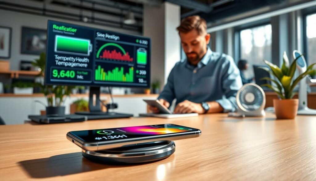 A sleek, modern office space filled with high-tech devices, focusing on a charging smartphone placed on a wireless charging pad. In the foreground, detailed shot of the smartphone showing temperature control icons and thermal graphics indicating heat management. In the middle ground, an engineer in professional attire examines a digital monitor displaying battery health and thermal data, emphasizing the importance of maintaining optimal temperature. The background features a clean, well-lit workspace with potted plants and temperature regulating tools like cooling fans, creating a serene and tech-savvy atmosphere. The lighting is bright and inviting, casting soft shadows to highlight the intricate details of the devices, promoting a sense of innovation and proactive battery care. A sleek, modern office space filled with high-tech devices, focusing on a charging smartphone placed on a wireless charging pad. In the foreground, detailed shot of the smartphone showing temperature control icons and thermal graphics indicating heat management. In the middle ground, an engineer in professional attire examines a digital monitor displaying battery health and thermal data, emphasizing the importance of maintaining optimal temperature. The background features a clean, well-lit workspace with potted plants and temperature regulating tools like cooling fans, creating a serene and tech-savvy atmosphere. The lighting is bright and inviting, casting soft shadows to highlight the intricate details of the devices, promoting a sense of innovation and proactive battery care.