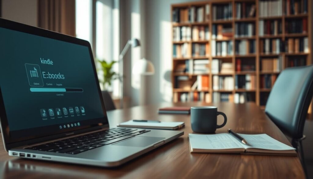 A sleek, modern office workspace featuring a stylish laptop displaying a user interface for sending content to devices, prominently showing a Kindle device in the foreground. The close-up on the screen highlights a progress bar indicating content transfer, with bright, clear icons representing various file types like e-books and PDFs. In the middle ground, a well-organized desk with a notepad and coffee mug complements the tech theme, while soft, natural light streams in through a window, creating a calm and focused atmosphere. The background hints at a bookshelf filled with classic literature, adding depth and context. The overall mood is professional and efficient, evoking a sense of productivity and modern technology. A sleek, modern office workspace featuring a stylish laptop displaying a user interface for sending content to devices, prominently showing a Kindle device in the foreground. The close-up on the screen highlights a progress bar indicating content transfer, with bright, clear icons representing various file types like e-books and PDFs. In the middle ground, a well-organized desk with a notepad and coffee mug complements the tech theme, while soft, natural light streams in through a window, creating a calm and focused atmosphere. The background hints at a bookshelf filled with classic literature, adding depth and context. The overall mood is professional and efficient, evoking a sense of productivity and modern technology.