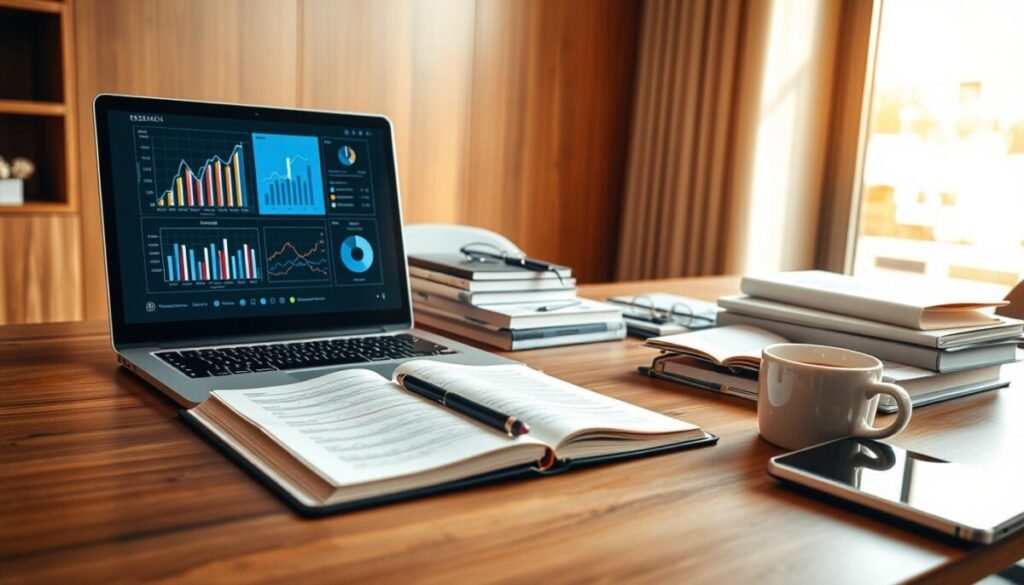 A sleek, modern office workspace showcases a variety of research tools essential for analyzing data and performance. In the foreground, a polished wooden desk features a laptop with a vibrant screen displaying graphs and charts. Next to it, an open notebook filled with neatly organized handwritten notes, pens, and a digital tablet. The middle ground highlights a stack of academic journals and textbooks, alongside a stylish coffee mug. In the background, a large window lets in natural light, illuminating the scene and casting soft shadows. The atmosphere is one of focused productivity, ideal for research tasks. The image should capture an inviting digital environment, with a depth of field that emphasizes the tools while keeping the background slightly blurred. Bright, warm lighting enhances the feeling of inspiration and innovation. A sleek, modern office workspace showcases a variety of research tools essential for analyzing data and performance. In the foreground, a polished wooden desk features a laptop with a vibrant screen displaying graphs and charts. Next to it, an open notebook filled with neatly organized handwritten notes, pens, and a digital tablet. The middle ground highlights a stack of academic journals and textbooks, alongside a stylish coffee mug. In the background, a large window lets in natural light, illuminating the scene and casting soft shadows. The atmosphere is one of focused productivity, ideal for research tasks. The image should capture an inviting digital environment, with a depth of field that emphasizes the tools while keeping the background slightly blurred. Bright, warm lighting enhances the feeling of inspiration and innovation.