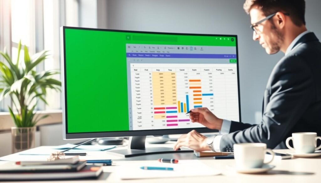 A sleek, modern office workspace with a large computer screen displaying a vibrant Google Sheets interface. In the foreground, an individual in professional business attire focuses intently on customizing rows and columns within a pivot table, manipulating data effortlessly. The middle layer features a close-up of the screen where colorful graphs and charts emerge, illustrating the data manipulation process. In the background, a well-organized desk with office supplies, a notepad, and a coffee cup helps set the scene. Soft, natural lighting streams through a window, creating a bright and inviting atmosphere, while a slight depth of field blurs the background slightly, emphasizing the act of data customization. The mood is focused and productive, resonating with the theme of data organization. A sleek, modern office workspace with a large computer screen displaying a vibrant Google Sheets interface. In the foreground, an individual in professional business attire focuses intently on customizing rows and columns within a pivot table, manipulating data effortlessly. The middle layer features a close-up of the screen where colorful graphs and charts emerge, illustrating the data manipulation process. In the background, a well-organized desk with office supplies, a notepad, and a coffee cup helps set the scene. Soft, natural lighting streams through a window, creating a bright and inviting atmosphere, while a slight depth of field blurs the background slightly, emphasizing the act of data customization. The mood is focused and productive, resonating with the theme of data organization.