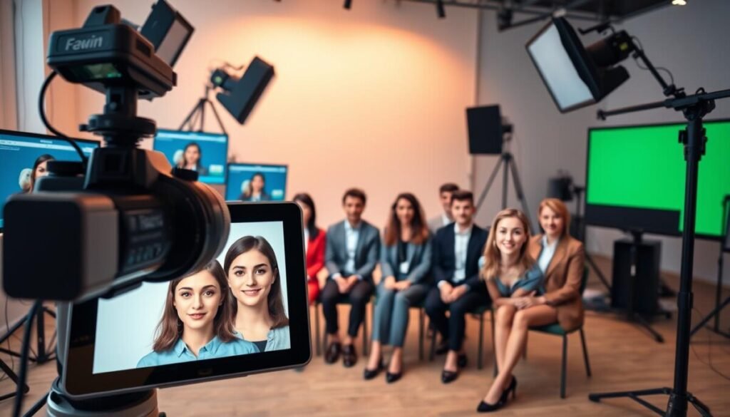 A sleek, modern photography studio setup showcasing the technical process of AI headshot generation. In the foreground, a professional-looking camera with a large lens is focused on a digital tablet displaying a stunning AI-generated headshot. The middle layer features a diverse group of individuals in smart business attire, sitting or standing while reviewing their generated headshots with curiosity and excitement. The background highlights advanced equipment, including computer monitors displaying graphic software, lighting rigs, and a green screen. Soft, diffused lighting creates a polished and professional atmosphere, with warm tones enhancing the inviting mood. The image captures the essence of innovation and creativity in AI technology without any text or distractions.