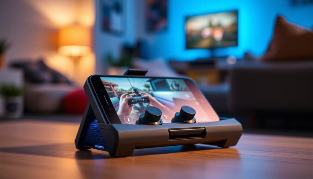 A sleek, modern portable phone cooler designed for mobile gaming enthusiasts. In the foreground, the cooler is prominently displayed, showcasing its ergonomic design with cooling vents and adjustable clips for various smartphone sizes. The middle ground features a gaming setup, with a smartphone attached to the cooler, displaying an intense gaming session. In the background, hints of a cozy gaming environment are visible, with soft ambient lighting creating a relaxed, immersive atmosphere. The scene is illuminated with a subtle blue glow, reminiscent of gaming aesthetics, and the angle captures the cooler at a slight tilt to emphasize its innovative features. Overall, the image conveys a sense of excitement and practicality, ideal for gamers on the go. A sleek, modern portable phone cooler designed for mobile gaming enthusiasts. In the foreground, the cooler is prominently displayed, showcasing its ergonomic design with cooling vents and adjustable clips for various smartphone sizes. The middle ground features a gaming setup, with a smartphone attached to the cooler, displaying an intense gaming session. In the background, hints of a cozy gaming environment are visible, with soft ambient lighting creating a relaxed, immersive atmosphere. The scene is illuminated with a subtle blue glow, reminiscent of gaming aesthetics, and the angle captures the cooler at a slight tilt to emphasize its innovative features. Overall, the image conveys a sense of excitement and practicality, ideal for gamers on the go.