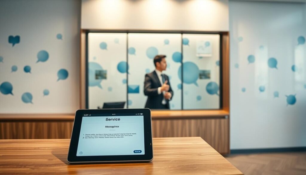 A sleek, modern service window situated in a contemporary office setting. The foreground features a polished wooden counter with a subtle backlight illuminating its surface. On the counter, a state-of-the-art digital tablet displays service notifications related to messaging services. In the middle ground, a professional-looking individual in business attire interacts with a client through the service window. The client is confidently gesturing, highlighting a sense of engagement. The background reveals an abstract mural representing communication, with soft blue and green hues, suggesting a technological atmosphere. The lighting is bright and inviting, casting gentle shadows that enhance the professionalism of the setting. A wide-angle view captures the entire scene, emphasizing the transaction's importance while evoking a mood of anticipation and forward-thinking innovation. A sleek, modern service window situated in a contemporary office setting. The foreground features a polished wooden counter with a subtle backlight illuminating its surface. On the counter, a state-of-the-art digital tablet displays service notifications related to messaging services. In the middle ground, a professional-looking individual in business attire interacts with a client through the service window. The client is confidently gesturing, highlighting a sense of engagement. The background reveals an abstract mural representing communication, with soft blue and green hues, suggesting a technological atmosphere. The lighting is bright and inviting, casting gentle shadows that enhance the professionalism of the setting. A wide-angle view captures the entire scene, emphasizing the transaction's importance while evoking a mood of anticipation and forward-thinking innovation.