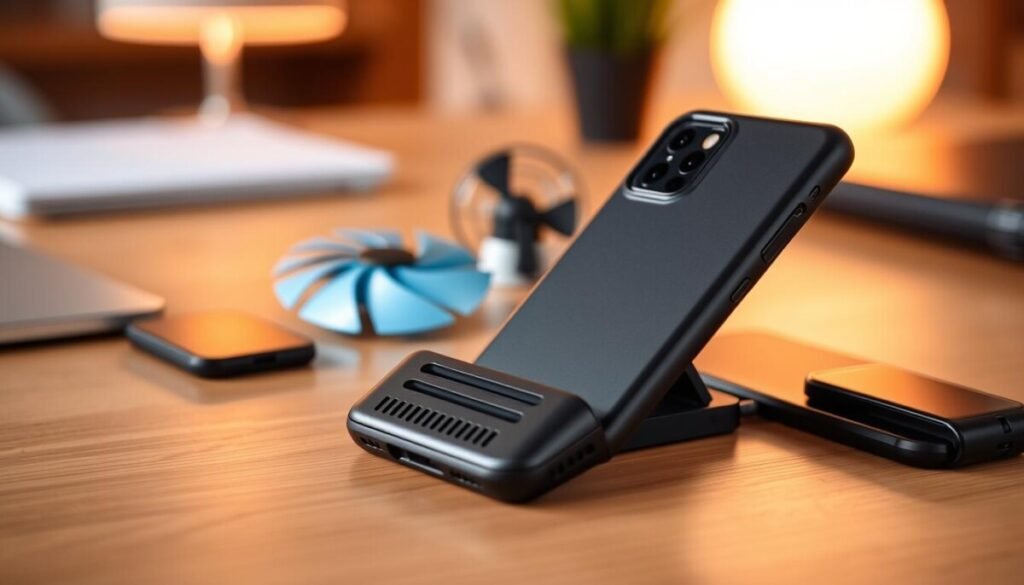 A sleek, modern smartphone case designed for optimal heat dissipation, prominently displayed in the foreground with a slightly angled view to showcase its unique ventilation features. The case is in a stylish matte black finish with intricate cooling channels carved into its surface, enhancing both aesthetics and functionality. In the middle ground, place various alternative cooling accessories, such as a portable fan and a slim, sleek cooling pad, arranged neatly to complement the phone case. The background features a softly blurred, cozy workspace setting, with warm, ambient lighting that evokes a professional yet inviting atmosphere. Capture the essence of innovative technology and efficiency in a clear, sharp focus, using a shallow depth-of-field to emphasize the case and accessories while softly fading the background. A sleek, modern smartphone case designed for optimal heat dissipation, prominently displayed in the foreground with a slightly angled view to showcase its unique ventilation features. The case is in a stylish matte black finish with intricate cooling channels carved into its surface, enhancing both aesthetics and functionality. In the middle ground, place various alternative cooling accessories, such as a portable fan and a slim, sleek cooling pad, arranged neatly to complement the phone case. The background features a softly blurred, cozy workspace setting, with warm, ambient lighting that evokes a professional yet inviting atmosphere. Capture the essence of innovative technology and efficiency in a clear, sharp focus, using a shallow depth-of-field to emphasize the case and accessories while softly fading the background.