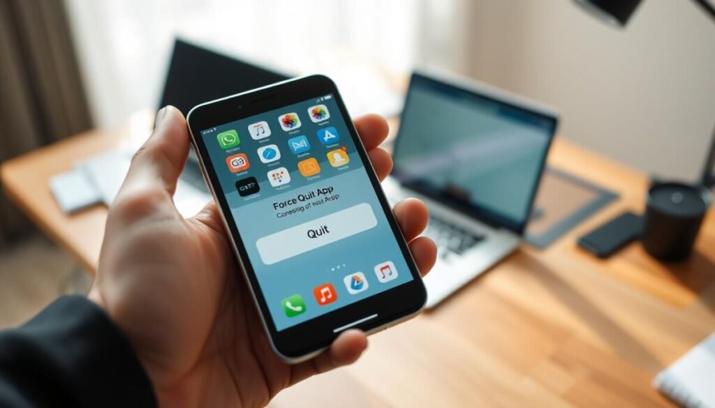 A sleek, modern smartphone displaying a "Force Quit App" interface on its screen, where various app icons are visibly highlighted and a prominent "Force Quit" button is engaged. In the foreground, the smartphone is held by a hand in a professional business attire, emphasizing the action of force-quitting an app. The middle ground features a soft-focus tech workspace with a laptop and notes, suggesting a productive environment. The background includes a stylish wooden desk with subtle lighting, casting gentle shadows to create depth. The atmosphere is clear and focused, evoking a sense of concentration and decision-making. Use natural lighting for a clean, realistic look, with a shallow depth of field to highlight the smartphone. A sleek, modern smartphone displaying a "Force Quit App" interface on its screen, where various app icons are visibly highlighted and a prominent "Force Quit" button is engaged. In the foreground, the smartphone is held by a hand in a professional business attire, emphasizing the action of force-quitting an app. The middle ground features a soft-focus tech workspace with a laptop and notes, suggesting a productive environment. The background includes a stylish wooden desk with subtle lighting, casting gentle shadows to create depth. The atmosphere is clear and focused, evoking a sense of concentration and decision-making. Use natural lighting for a clean, realistic look, with a shallow depth of field to highlight the smartphone.