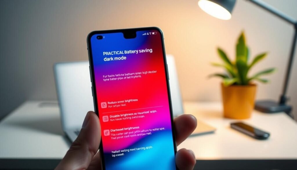 A sleek, modern smartphone displaying a user interface focusing on battery-saving tips within a dark mode theme. In the foreground, the phone is held at a slight angle, showcasing the vibrant colors of the OLED screen with rich blacks and vivid icons suggesting practical battery-saving options, such as reducing screen brightness and disabling background apps. The middle layer features a softly blurred desk with a laptop and a potted plant, emphasizing a tech-savvy environment. In the background, gentle ambient lighting creates a calming atmosphere, hinting at a cozy workspace. The overall mood is professional yet inviting, perfect for engaging readers interested in tech optimization. A sleek, modern smartphone displaying a user interface focusing on battery-saving tips within a dark mode theme. In the foreground, the phone is held at a slight angle, showcasing the vibrant colors of the OLED screen with rich blacks and vivid icons suggesting practical battery-saving options, such as reducing screen brightness and disabling background apps. The middle layer features a softly blurred desk with a laptop and a potted plant, emphasizing a tech-savvy environment. In the background, gentle ambient lighting creates a calming atmosphere, hinting at a cozy workspace. The overall mood is professional yet inviting, perfect for engaging readers interested in tech optimization.