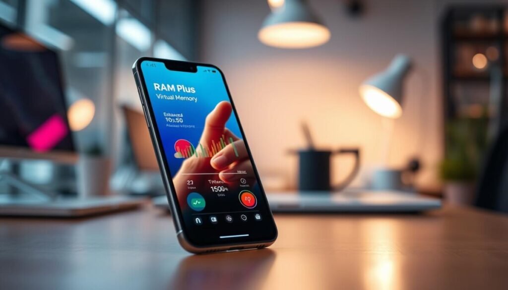 A sleek, modern smartphone displaying the 'RAM Plus' virtual memory feature prominently on its screen. In the foreground, the device is angled slightly to showcase its vibrant display, featuring visually appealing graphs and metrics that represent enhanced performance. The middle layer illustrates a blurred hand interacting with the touchscreen, suggesting user engagement. In the background, a softly lit tech environment with hints of stylish office equipment adds to the modern aesthetic. Ensure the lighting is bright yet soft, highlighting the smartphone while maintaining a professional ambiance. The overall mood should feel efficient and innovative, capturing the essence of advanced technology aimed at optimizing device performance.