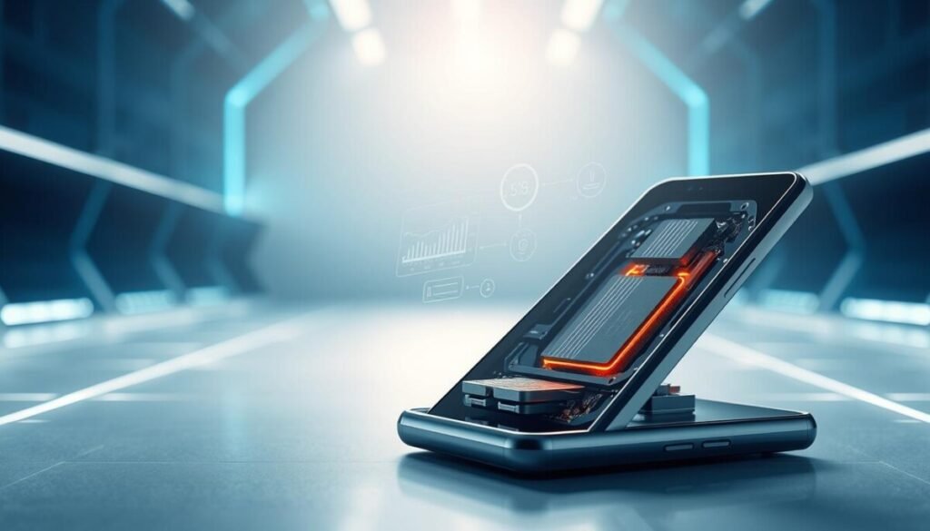 A sleek, modern smartphone is displayed prominently in the foreground, showcasing its innovative thermal management features. The back of the phone is slightly transparent, revealing intricate cooling systems, heat pipes, and thermal pads that efficiently dissipate heat. In the middle ground, subtle visual elements such as digital graphs and temperature icons hover around the phone, emphasizing its advanced technology. The background features a minimalist tech-inspired environment with soft blue and white lighting that conveys a high-tech atmosphere. The overall mood is one of sophistication and efficiency, illustrating the importance of thermal management in modern devices. The image should be shot from a slight angle to highlight the phone's design and thermal features, with a clean, uncluttered aesthetic. A sleek, modern smartphone is displayed prominently in the foreground, showcasing its innovative thermal management features. The back of the phone is slightly transparent, revealing intricate cooling systems, heat pipes, and thermal pads that efficiently dissipate heat. In the middle ground, subtle visual elements such as digital graphs and temperature icons hover around the phone, emphasizing its advanced technology. The background features a minimalist tech-inspired environment with soft blue and white lighting that conveys a high-tech atmosphere. The overall mood is one of sophistication and efficiency, illustrating the importance of thermal management in modern devices. The image should be shot from a slight angle to highlight the phone's design and thermal features, with a clean, uncluttered aesthetic.