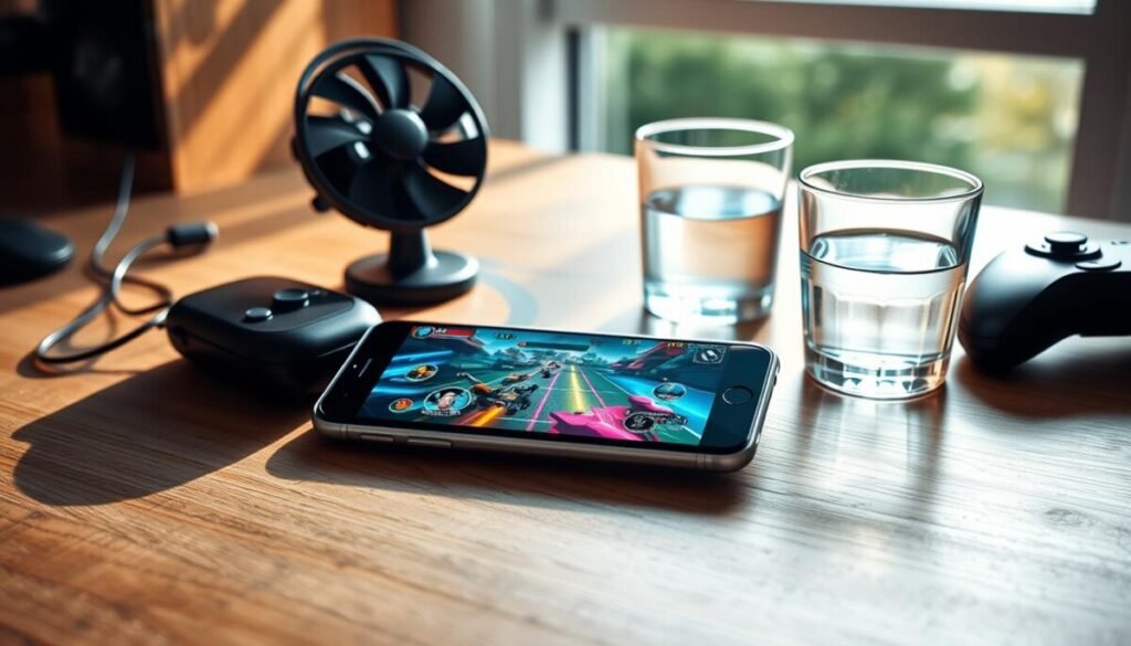 A sleek modern smartphone is positioned on a wooden desk surrounded by elements symbolizing an optimal gaming environment. In the foreground, the phone's screen displays a vibrant mobile game, with graphics reflecting high performance. The middle ground features a small portable fan directing airflow towards the phone to signify cooling management. A glass of water sits nearby, hinting at the importance of hydration during long gaming sessions. Natural light streams in from a nearby window, casting soft shadows and creating a relaxed atmosphere. The background includes subtle gaming paraphernalia, like a headset and a game controller, to reinforce the theme. Overall, the scene conveys a sense of comfort and attentiveness to the device’s thermal needs. A sleek modern smartphone is positioned on a wooden desk surrounded by elements symbolizing an optimal gaming environment. In the foreground, the phone's screen displays a vibrant mobile game, with graphics reflecting high performance. The middle ground features a small portable fan directing airflow towards the phone to signify cooling management. A glass of water sits nearby, hinting at the importance of hydration during long gaming sessions. Natural light streams in from a nearby window, casting soft shadows and creating a relaxed atmosphere. The background includes subtle gaming paraphernalia, like a headset and a game controller, to reinforce the theme. Overall, the scene conveys a sense of comfort and attentiveness to the device’s thermal needs.