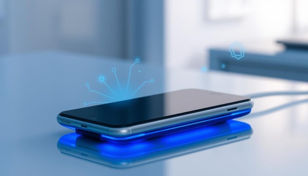 A sleek, modern smartphone resting on a cool surface, surrounded by visual elements representing cooling technology. In the foreground, a stylish cooling pad exudes blue light, signaling active cooling. The smartphone displays a faint glow from its screen, indicating it’s in idle mode. In the middle ground, subtle representations of airflow, such as translucent blue lines or digital motifs, are radiating from the device, illustrating the process of heat dissipation. The background features a softly blurred tech-inspired environment, with shades of blue and gray, enhancing the cooling theme. The lighting is cool and ambient, creating a calm, professional atmosphere, suggesting efficient technology and innovation in device cooling. The angle showcases the smartphone at a slight tilt, drawing attention to its sleek design.