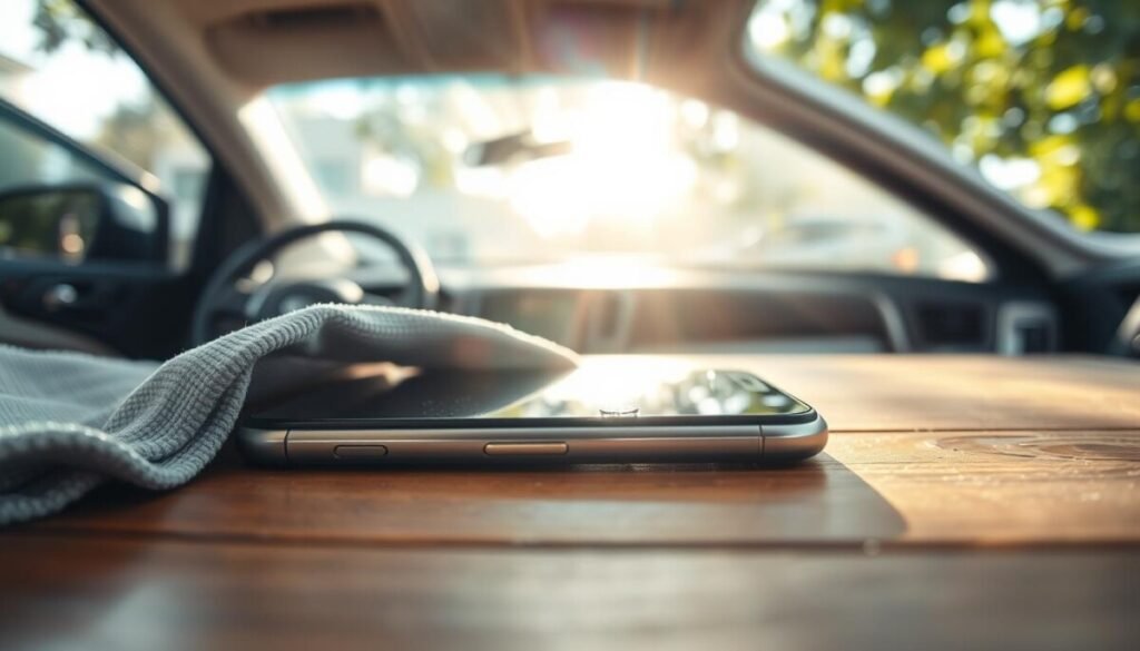 A sleek, modern smartphone resting on a wooden table in the foreground, partially shaded under a cool, protective cloth to emphasize the cooling concept. The device shows condensation on its surface, illustrating the idea of temperature regulation. In the middle background, a sunny car with slightly opened windows can be seen, casting soft, dappled light onto the scene, creating a warm, inviting atmosphere. Gentle sunlight filters through green leaves, providing a fresh, calming vibe. The angle is slightly tilted, allowing for a dynamic perspective that draws the viewer’s eye toward the phone. The overall mood conveys a sense of care and caution, highlighting the importance of safely cooling electronics after being in a hot environment.
