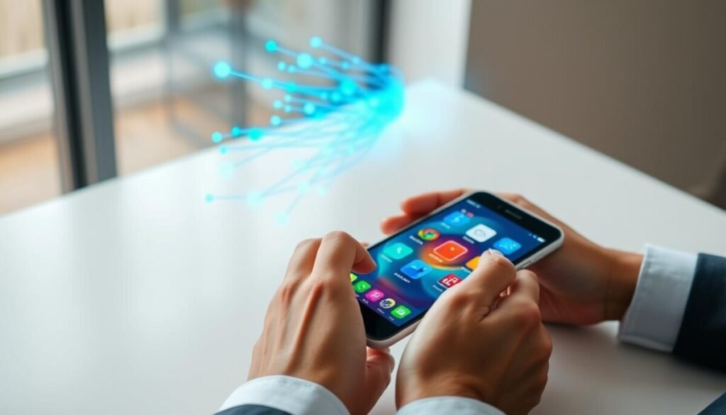 A sleek, modern smartphone rests on a clean, white desk, its screen displaying a vibrant, animated interface symbolizing data caching, with colorful, swirling icons representing messages and files. In the foreground, a pair of professional hands, dressed in smart casual attire, hold the phone, emphasizing a user-friendly experience. The middle layer features a visual representation of digital data streams in blue and green hues, illustrating the concept of app cache and background data management. The background is softly blurred, suggesting a contemporary workspace with gentle natural lighting filtering through a window, creating a calm and focused atmosphere. The overall mood conveys efficiency and clarity in managing mobile applications. A sleek, modern smartphone rests on a clean, white desk, its screen displaying a vibrant, animated interface symbolizing data caching, with colorful, swirling icons representing messages and files. In the foreground, a pair of professional hands, dressed in smart casual attire, hold the phone, emphasizing a user-friendly experience. The middle layer features a visual representation of digital data streams in blue and green hues, illustrating the concept of app cache and background data management. The background is softly blurred, suggesting a contemporary workspace with gentle natural lighting filtering through a window, creating a calm and focused atmosphere. The overall mood conveys efficiency and clarity in managing mobile applications.