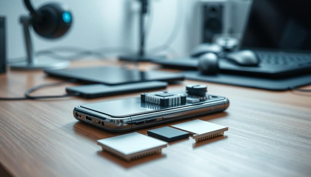A sleek, modern smartphone rests on a professional-looking wooden desk, showcasing its advanced cooling system. In the foreground, a transparent smartphone case reveals internal cooling components like a heat sink and miniature fans, glistening under soft, diffused ambient lighting. The middle ground features an array of thermal pads and conductive materials, emphasizing their role in enhancing thermal performance. In the background, a minimalistic tech workspace is visible, with blurred outlines of gaming peripherals and a laptop, creating a focus on the smartphone. The overall atmosphere is clean and innovative, with a cool color palette of blues and grays, evoking a sense of advanced technology and efficiency. High-quality lighting highlights the key components, and a shallow depth of field adds depth to the composition. A sleek, modern smartphone rests on a professional-looking wooden desk, showcasing its advanced cooling system. In the foreground, a transparent smartphone case reveals internal cooling components like a heat sink and miniature fans, glistening under soft, diffused ambient lighting. The middle ground features an array of thermal pads and conductive materials, emphasizing their role in enhancing thermal performance. In the background, a minimalistic tech workspace is visible, with blurred outlines of gaming peripherals and a laptop, creating a focus on the smartphone. The overall atmosphere is clean and innovative, with a cool color palette of blues and grays, evoking a sense of advanced technology and efficiency. High-quality lighting highlights the key components, and a shallow depth of field adds depth to the composition.