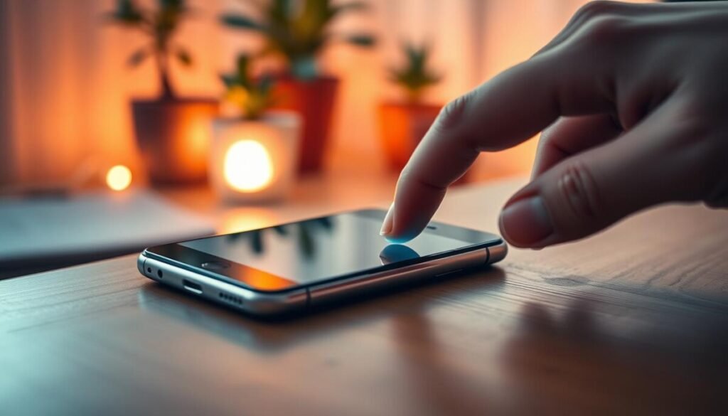 A sleek, modern smartphone sits on a wooden surface, its screen visibly dimmed to represent low brightness. The device is surrounded by a soft glow of warm ambient lighting, evoking a cozy atmosphere. In the foreground, a hand gently touches the screen, reflecting a sense of urgency and care. The background features an out-of-focus, serene room with potted plants that suggest a peaceful environment, enhancing the theme of cooling down the device. The angle is slightly tilted, giving a dynamic perspective that draws the viewer’s eye towards the smartphone. The overall mood conveys a balance of calm and immediate action, illustrating the importance of addressing overheating issues. A sleek, modern smartphone sits on a wooden surface, its screen visibly dimmed to represent low brightness. The device is surrounded by a soft glow of warm ambient lighting, evoking a cozy atmosphere. In the foreground, a hand gently touches the screen, reflecting a sense of urgency and care. The background features an out-of-focus, serene room with potted plants that suggest a peaceful environment, enhancing the theme of cooling down the device. The angle is slightly tilted, giving a dynamic perspective that draws the viewer’s eye towards the smartphone. The overall mood conveys a balance of calm and immediate action, illustrating the importance of addressing overheating issues.