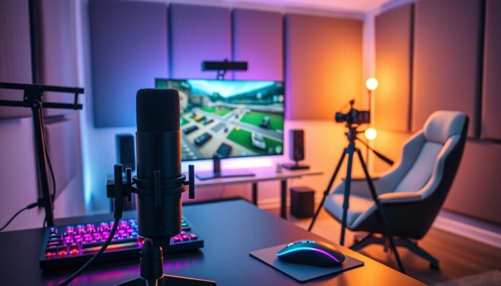 A sleek, modern streaming setup showcasing essential gear for professional streaming. In the foreground, a high-quality, professional microphone with a pop filter and adjustable arm, positioned on a stylish desk alongside a vibrant gaming keyboard and an RGB mouse. In the middle ground, a large, ultra-HD monitor displaying dynamic game graphics, paired with a compact camera on a tripod aimed directly at the streaming space. Surrounding the setup, a cozy yet modern gaming chair with soft lighting casting a warm glow throughout the room. The background features soundproof acoustic panels and mood lighting that enhances the tech-focused atmosphere. The scene should evoke excitement and professionalism, with a slight focus on the intricate details of the gear. Use soft, even lighting to create a welcoming and engaging environment. A sleek, modern streaming setup showcasing essential gear for professional streaming. In the foreground, a high-quality, professional microphone with a pop filter and adjustable arm, positioned on a stylish desk alongside a vibrant gaming keyboard and an RGB mouse. In the middle ground, a large, ultra-HD monitor displaying dynamic game graphics, paired with a compact camera on a tripod aimed directly at the streaming space. Surrounding the setup, a cozy yet modern gaming chair with soft lighting casting a warm glow throughout the room. The background features soundproof acoustic panels and mood lighting that enhances the tech-focused atmosphere. The scene should evoke excitement and professionalism, with a slight focus on the intricate details of the gear. Use soft, even lighting to create a welcoming and engaging environment.