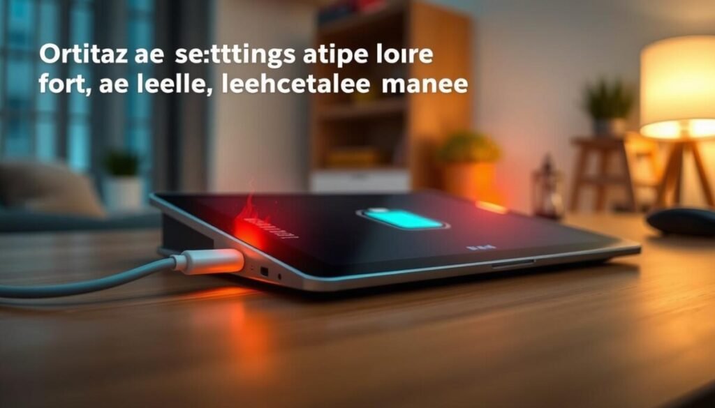 A sleek, modern tablet on a wooden surface, visually radiating heat with subtle orange and red glow effects emanating from it, indicating a buildup of warmth while charging. In the foreground, a close-up view of the tablet’s charging port with a glowing USB-C cable connected. The middle ground features the tablet displaying a simplified battery icon, showing high charge levels. The background is softly blurred, depicting a contemporary workspace with ambient lighting, including a desk lamp casting a warm glow. The atmosphere conveys a sense of urgency and concern over device safety. The perspective is slightly angled to emphasize the heat emanation, creating an engaging visual narrative about optimizing settings for better heat management. A sleek, modern tablet on a wooden surface, visually radiating heat with subtle orange and red glow effects emanating from it, indicating a buildup of warmth while charging. In the foreground, a close-up view of the tablet’s charging port with a glowing USB-C cable connected. The middle ground features the tablet displaying a simplified battery icon, showing high charge levels. The background is softly blurred, depicting a contemporary workspace with ambient lighting, including a desk lamp casting a warm glow. The atmosphere conveys a sense of urgency and concern over device safety. The perspective is slightly angled to emphasize the heat emanation, creating an engaging visual narrative about optimizing settings for better heat management.